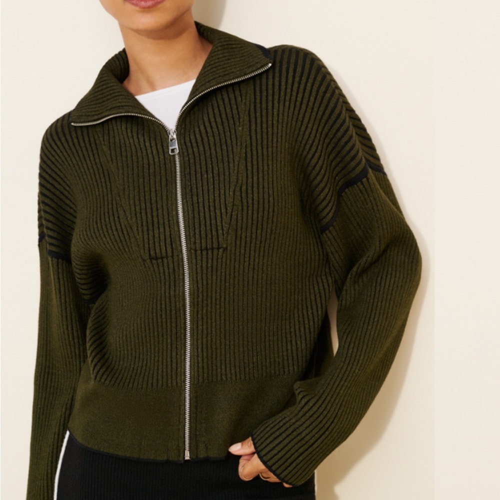 Varley Carmen Knit Dark Green Ribbed Zip-Up Jacket
